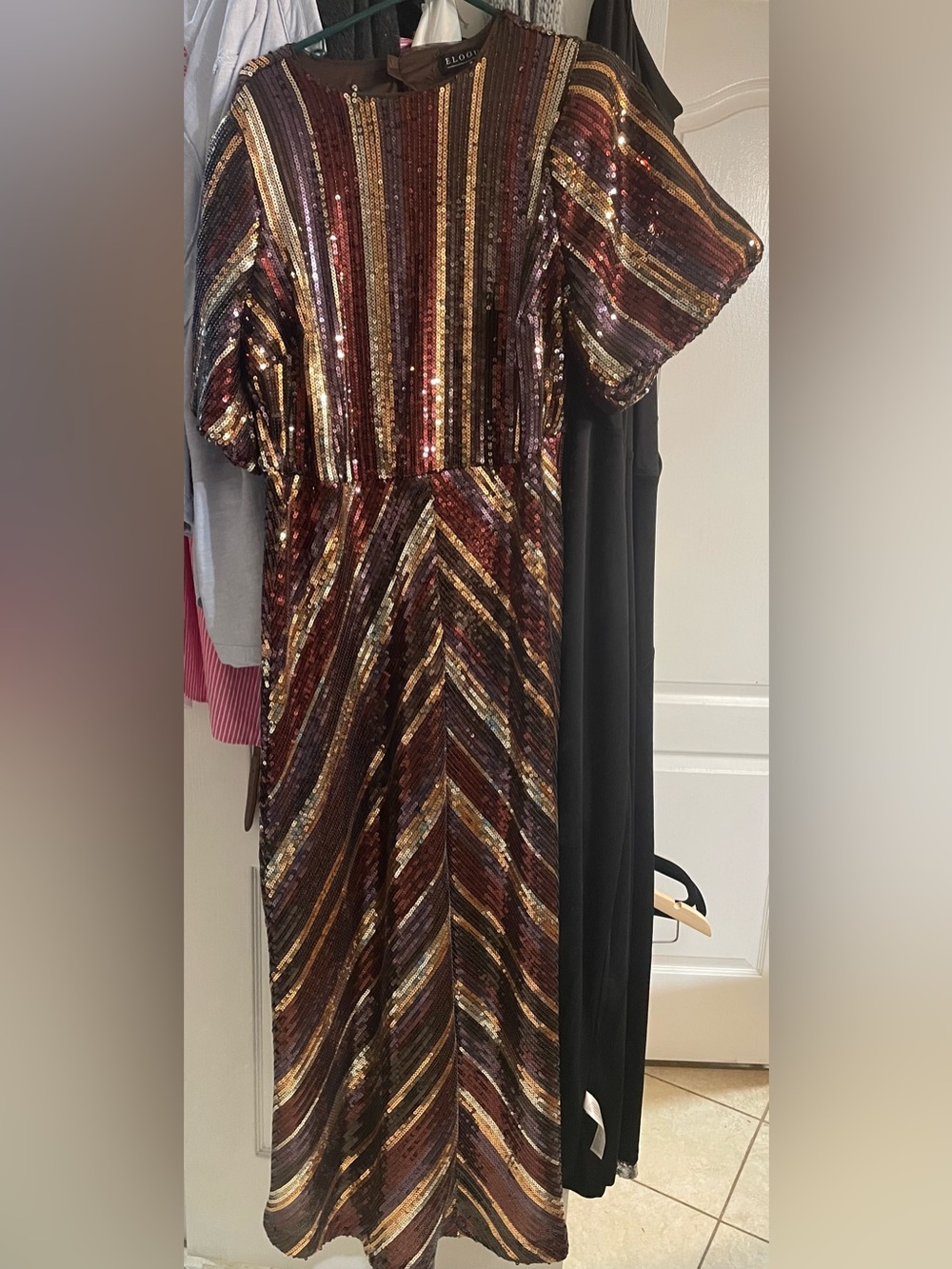 Eloquii Burgundy, Gold & Brown Striped Sequin Midi Dress - Picture 4 of 5